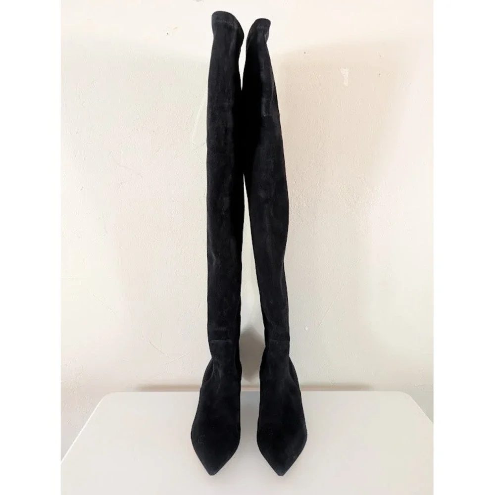 Christian Dior Black Suede Over The Knee Boots Kitten Heel Made In Italy Size 40
